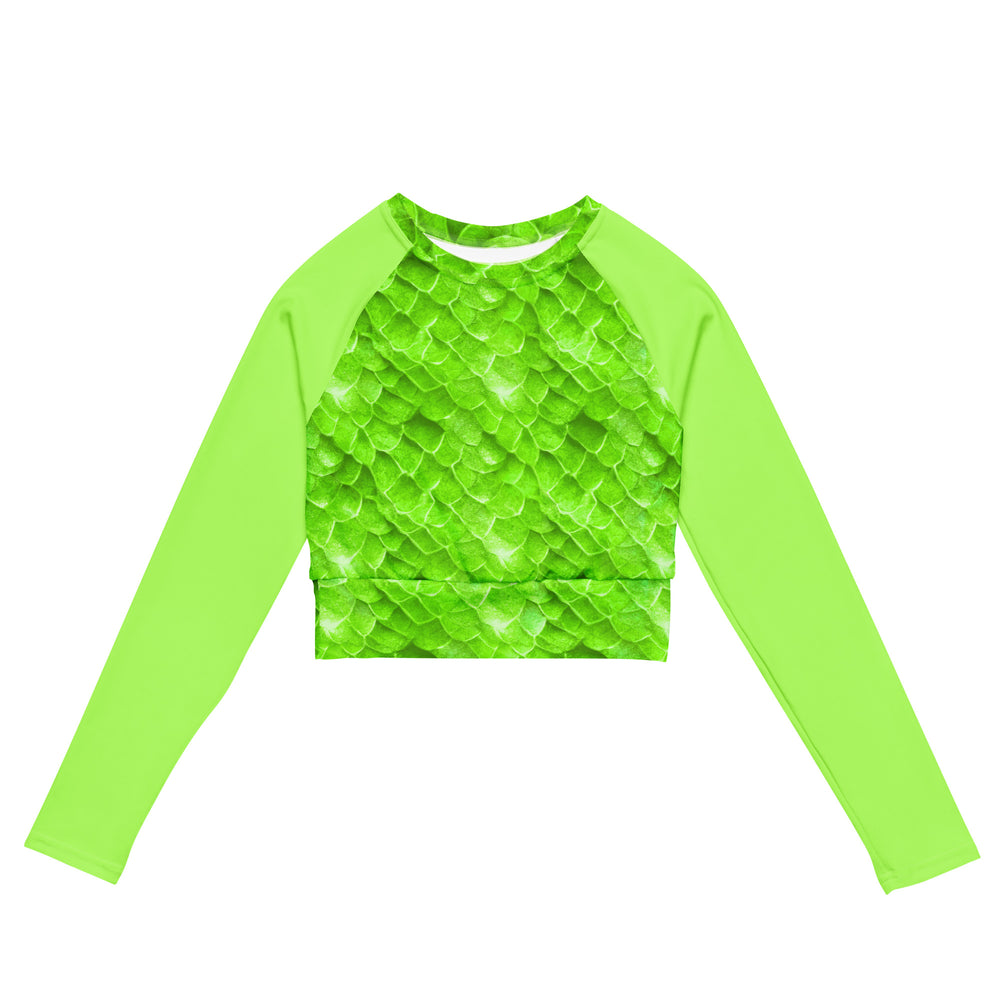 Long Sleeve Crop Top Rashguard in Green - Front View