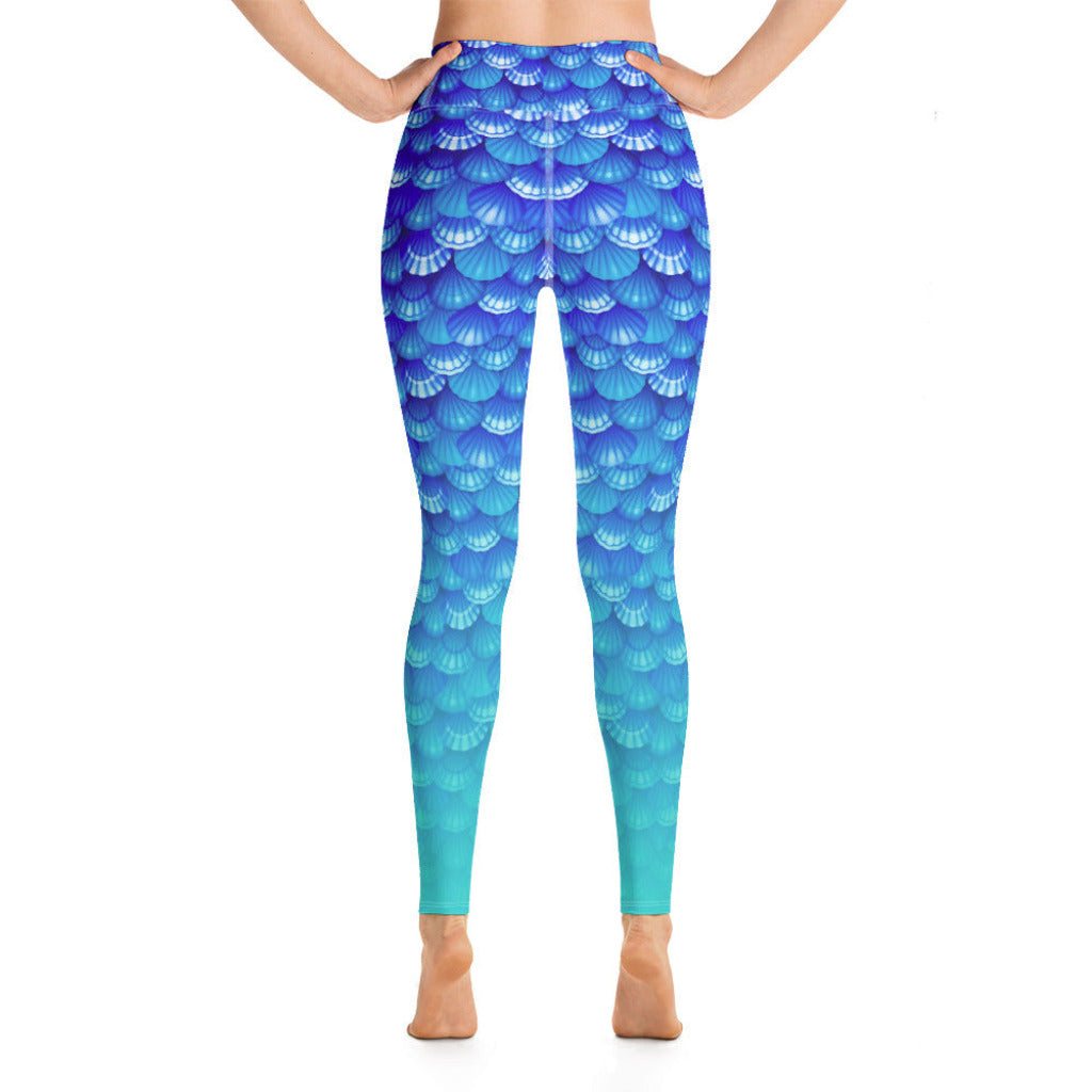 High Waist Swim Leggings in Blue - Rear View