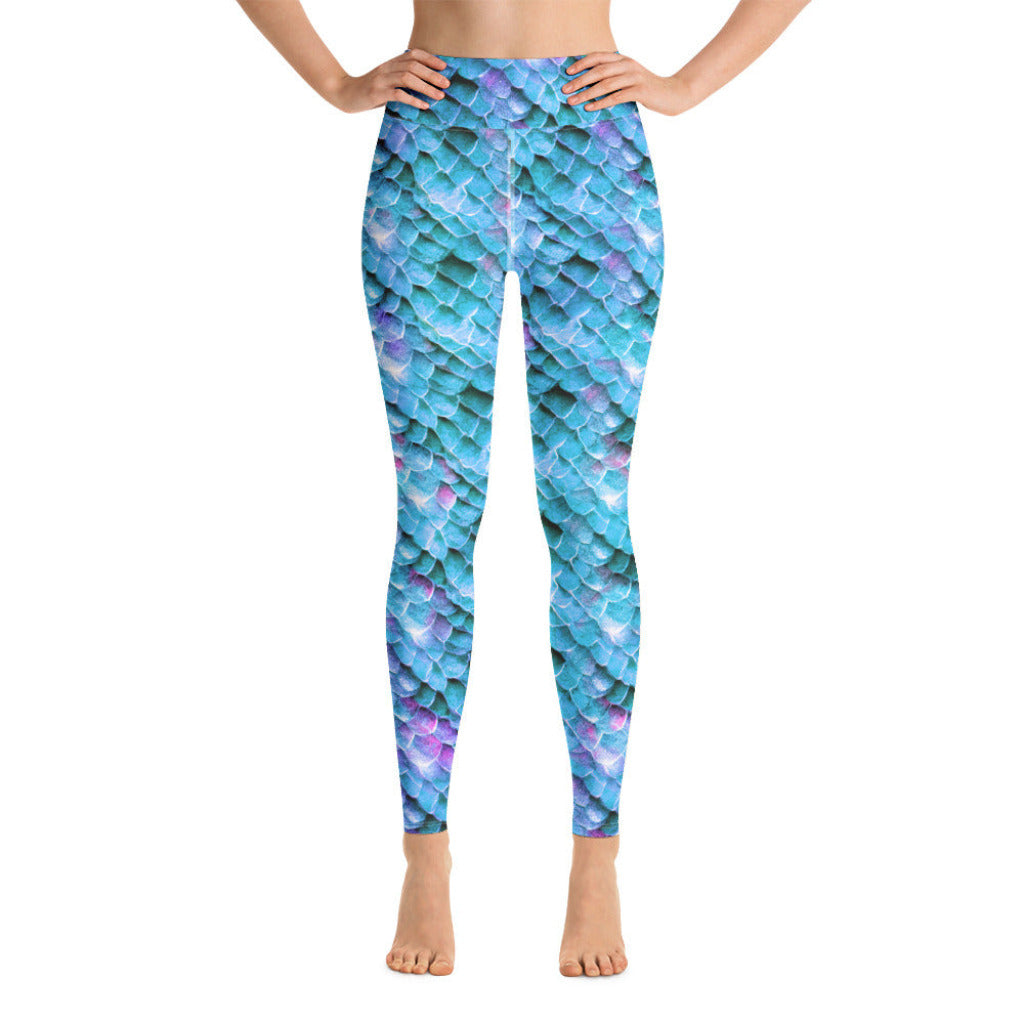 High Waist Swim Leggings in Blue - Front View