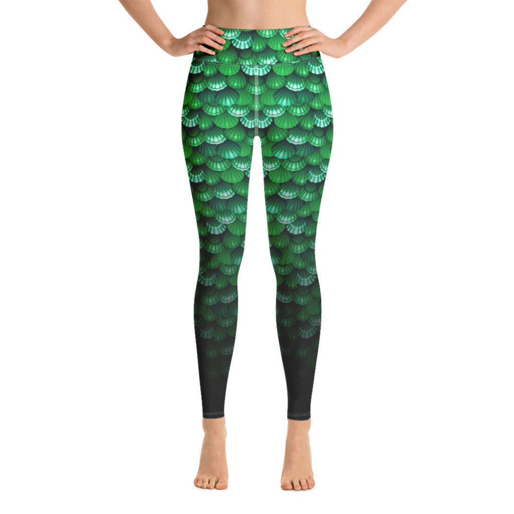 High Waist Swim Leggings in Green - Front View