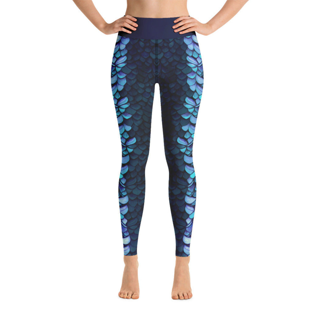 High Waist Swim Leggings in Blue - Front View