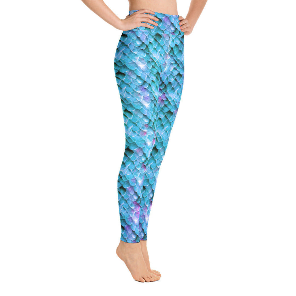 High Waist Swim Leggings in Blue- Side View